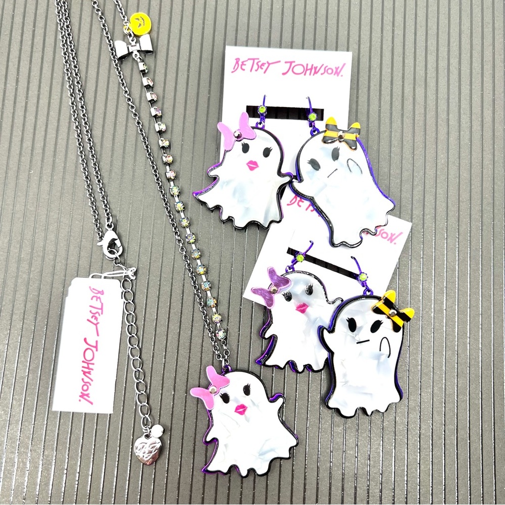 Betsey Johnson ‘Punk ‘N Spice’ Happy Ghost Necklace & 2 Earrings Sets NWT!